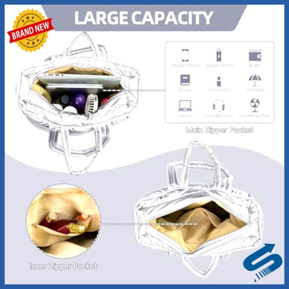 Large Quilted Puffer Tote Bag, Water-Resistant Nylon, 13.6x11.8x4.3 - Picture 5 of 7